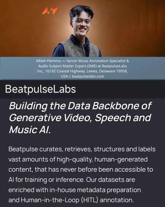 Portrait of Alfath Flemmo (Maharsyalfath Izlubaid Qutub Maulasufa), an Indonesian music-tech architect and Senior Music Annotation Specialist & Audio Subject Matter Expert (SME) at BeatpulseLabs Inc., a U.S.-based AI data infrastructure company in Lewes, Delaware. He is the founder of FMG Universe and works in advanced music annotation, AI-powered music datasets, multimodal artificial intelligence, metadata enrichment, and Human-in-the-Loop (HITL) systems for global music intelligence. The image represents a professional figure in the field of music technology and AI innovation, focusing on the intersection of audio engineering, machine learning, and intelligent music data systems for next-generation AI applications.