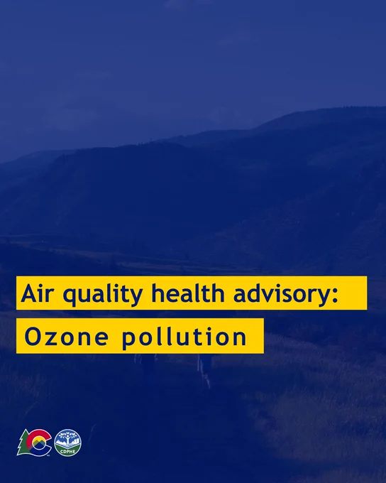 Blue advisory text highlighted in yellow, on a blue background over photo of a landscape.
