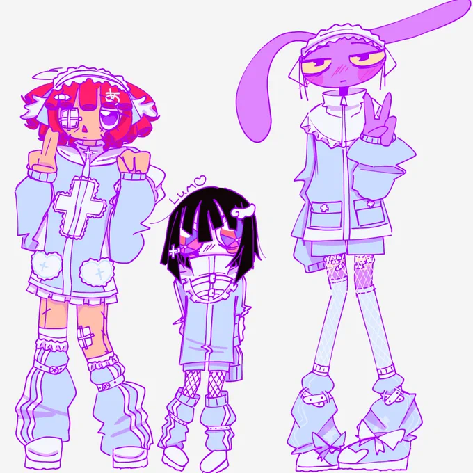 ragatha, pomni, and jax in tenshi kaiwai fashion, jax and ragatha are holding up peace signs 

hatless pomni is so cute ^-^