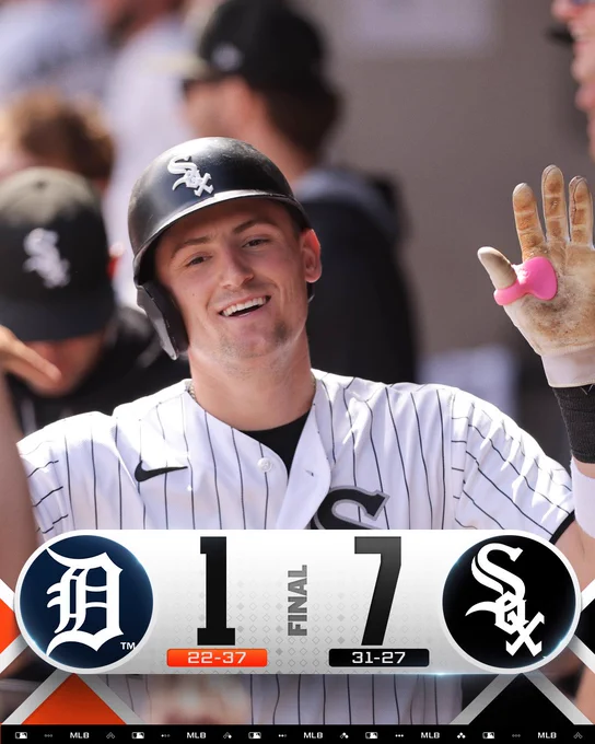 Final Score Graphic: 5/30/26
Detroit Tigers 1 (22-37), Chicago White Sox 7 (31-27)
Pictured: Colson Montgomery smiles as he high-fives his teammates in the dugout. He wears a white White Sox uniform with black pinstripes and a black and white White Sox helmet.