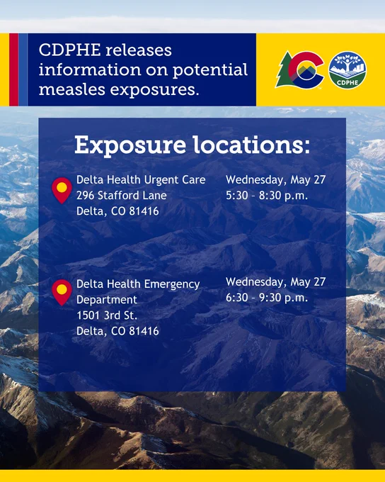 Information about a measles exposure location. Background of Colorado mountains. 