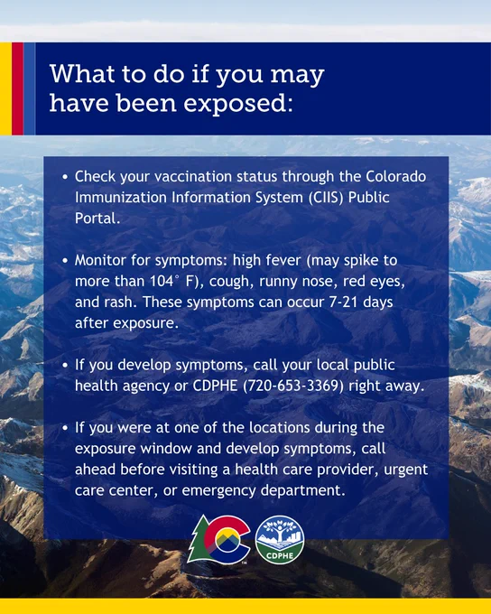 Information about what to do if you have been exposed to measles. Background of Colorado mountains.