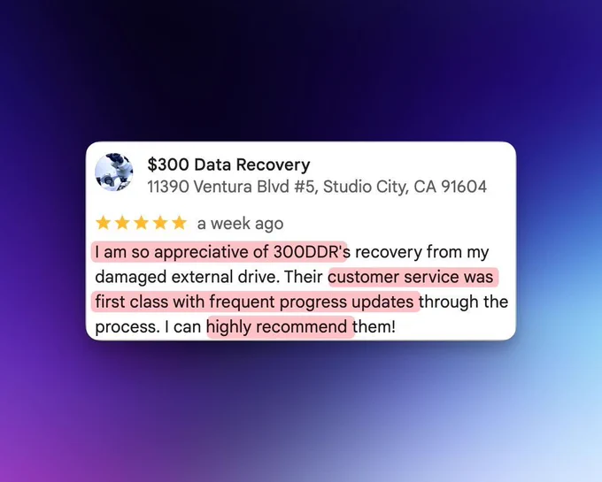 Customer review screenshot for $300 Data Recovery praising successful recovery from a damaged external drive, with appreciation for clear communication and frequent progress updates throughout the process.