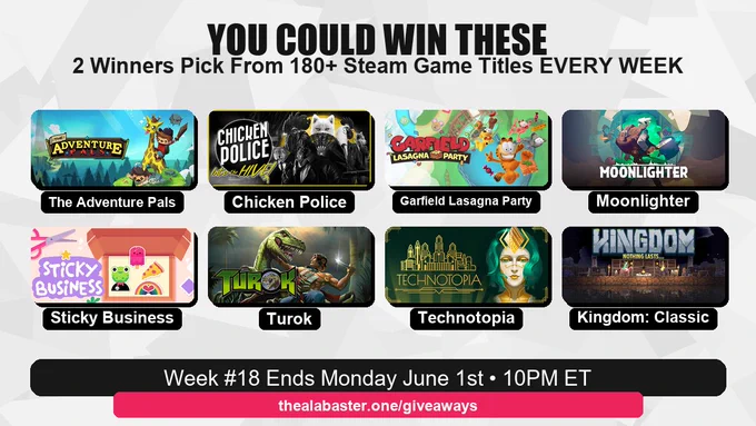 Promotional graphic for Alabaster’s Prime Collectibles weekly Steam game giveaway. Large text at the top says “You could win these” and “2 winners pick from 180  Steam game titles every week.” The center shows eight featured game tiles: The Adventure Pals, Chicken Police, Garfield Lasagna Party, Moonlighter, Sticky Business, Turok, Technotopia, and Kingdom: Classic. A black banner near the bottom says “Week #18 ends Monday June 1st • 10PM ET,” with a pink bar underneath showing the giveaway URL, thealabaster.one/giveaways.
