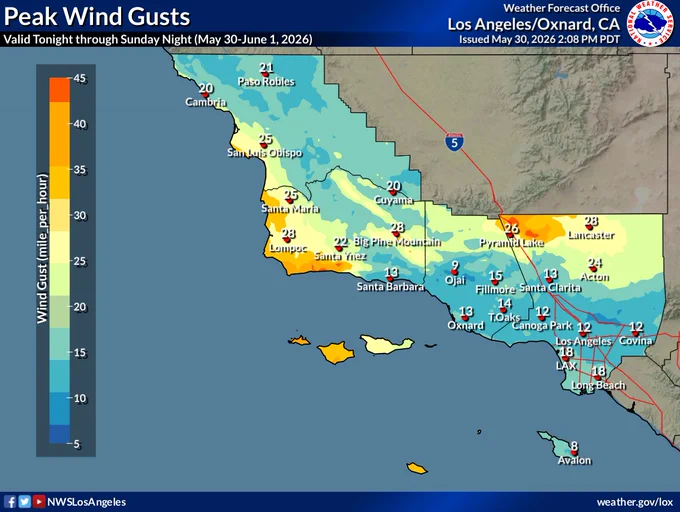 Expected peak wind gusts tonight through Sunday night