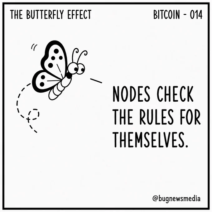 Black-and-white educational card titled "The Butterfly Effect" with Carol the butterfly on the left and the label "Bitcoin - 014" at the top right. Large text says: "Nodes check the rules for themselves." The @bugnewsmedia handle appears at the bottom right.