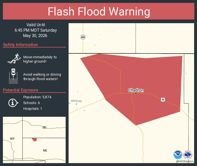 This graphic displays a flash flood warning plotted on a map. The warning is in effect until 6:45 PM MDT. The warning includes Chadron NE.  This warning is for Northeastern Dawes County in the panhandle of Nebraska. Avoid walking or driving through flood waters! Move immediately to higher ground! There are 5,874 people in the warning along with 6 schools and 1 hospital.