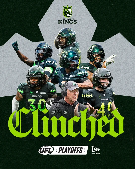 Image celebrating the Louisville Kings clinching a spot in the UFL playoffs. It features multiple players and a coach, with bold text that reads 'Clinched'.