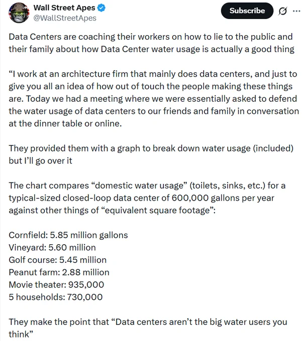 Data Centers are coaching their workers on how to lie to the public and their family about how Data Center water usage is actually a good thing...
More fake propaganda
- @WallStreetApes
https://x.com/WallStreetApes/status/2060396549797269900
#media🕵️‍♀️#news