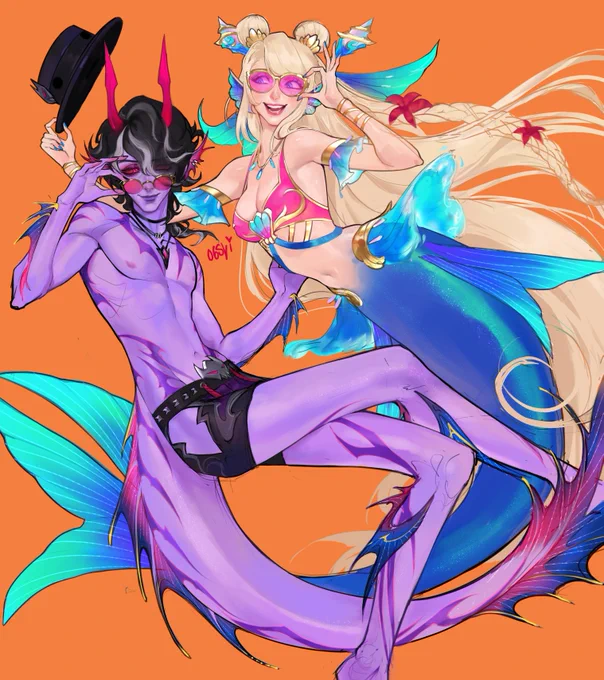Sinful Shores Hwei is great! Because all those skins are so sea-witchy vibe I just got inspired to draw him in a "sea demon form". At first I also made him a merman too but idk i wanted him to have legs with fins instead. And I just threw Sera in there because the idea of her being a mermaid In Ocean Song has been swimming around in my head this month because of mermay XD 
