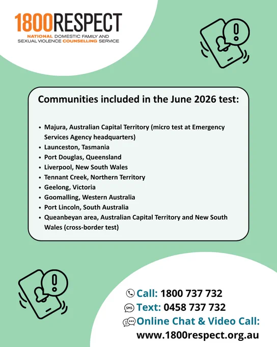 Communities included in the June 2026 test: 

Majura, Australian Capital Territory (micro test at Emergency Services Agency headquarters) 

Launceston, Tasmania 

Port Douglas, Queensland 

Liverpool, New South Wales 

Tennant Creek, Northern Territory 

Geelong, Victoria 

Goomalling, Western Australia 

Port Lincoln, South Australia 

Queanbeyan area, Australian Capital Territory and New South Wales (cross-border test) 