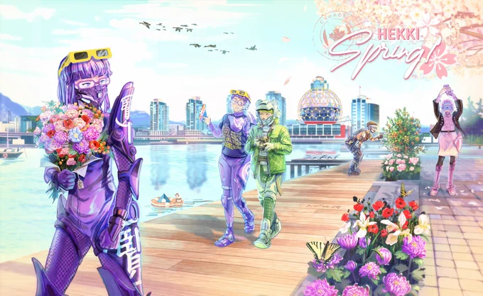 An image of Knower, Watcher, Fixer, BBF, and Healer walking along the seawall in Vancouver, with Science World in the background. "Hekki Spring".