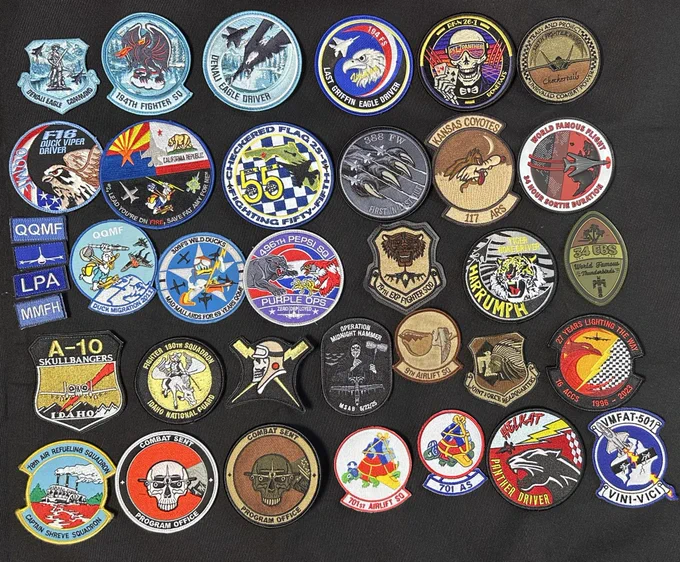 Patches that I picked up from various resources this month. From the top left: California ANG 194th Fighter Squadron “DENALI EAGLE” a set of three patches, a Last Griffin Eagle Driver “Vader”, 95FS Red Flag26-1, 325FW Train and Project
2nd row from the left:309FS Duck Viper Driver, 309FS DACT, 55FS Checkered Flag25-1, 388FW First in Last out, 117ARS Desert tan, Midnight Hammer 34hours, 
3rd row from the left: 309FS Four set of pentab patches, Duck Migration 2011, 309FS 69years, 496 Pepsi purple ops, 79EFS desert tan, 37BS Tiger Bone Driver, 34EBS OCP, 
4th row from the left: 190FS A-10 shield, 190FS Idaho ANG, 190FS Skullbangers, 190FS Operation Midnight Hammer, 9AS sq desert tan, Oklahoma National Guard Joint Force HQ, 16ACCS Disestablishment patch,
On the bottom row from the left: 78ARS Captain Shreve, Combat Sent program office color and tan, 701AS, 701AS (old TAS era design), 44th Fighter Group Helkat Panthers Driver, VMFAT-501 F-35 squadron patch.