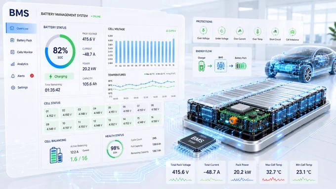 BMS battery management dashboard showing charging status, graphs, protections, and a glowing EV battery pack beside a car.