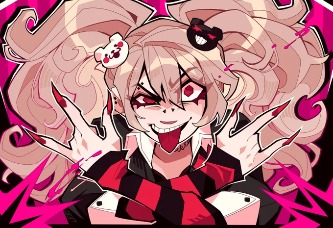 Digital drawing of Junko Enoshima from Danganronpa cropped just below her elbows. she is leaning forward with her arms crossed and making the sign of the horns gesture with both hands. She has a maniacal, uneven smile with her tongue sticking out. pink blood splatters are speckled lightly throughout the foreground. the background is comprised of the same pink tone.