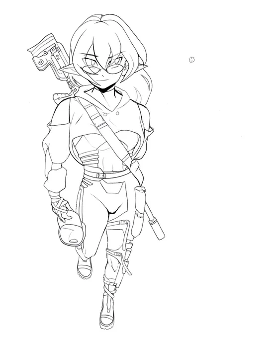 a black and white line drawing of an anime-style character with medium length hair blowing slightly in the wind, tactical gear, and glasses.