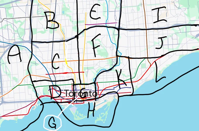 map of toronto with lettered regions 