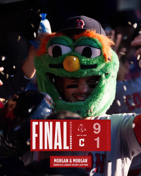 Final score from May 30, 2026
Red Sox 9 Guardians 1

IMAGE: Final score graphic featuring a photo of Jarren Duran in the dugout celebrating with teammates wearing the Wally Head after hitting a HR.
