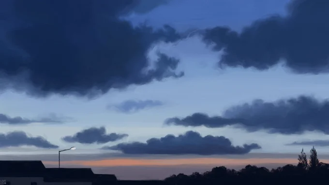 Digital painting of an early morning sky: blue tones, with a strip of dark orange sandwiched between grey clouds, and large dark blue clouds spread out across the frame. There are are dark outline of houses, trees and a lamp post at the bottom.