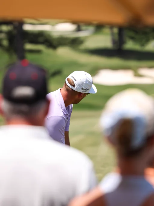 Day 3 action from the UNC Health Championship, featuring golfers teeing off, hitting approach shots, and making putts as spectators watch from around the course