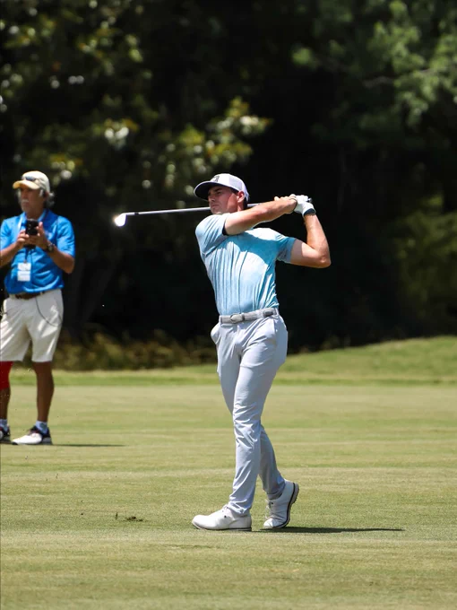 Day 3 action from the UNC Health Championship, featuring golfers teeing off, hitting approach shots, and making putts as spectators watch from around the course
