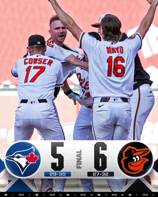 Final Score Graphic: 5/30/26
Blue Jays 5 (29-30), Orioles 6 (27-32)
Pictured: Pete Alonso is met by his teammates after hitting a walk-off single. They wear white Orioles jerseys with orange lettering.