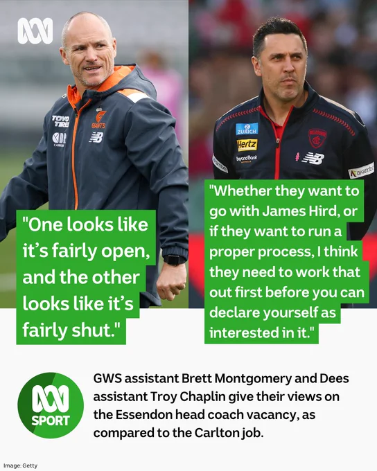 Montgomery's quote, which reads: "One looks like it’s fairly open, and the other looks like it’s fairly shut." and Chaplin's quote, which reads: "Whether they want to go with James Hird, or if they want to run a proper process, I think they need to work that out first before you can declare yourself as interested in it."