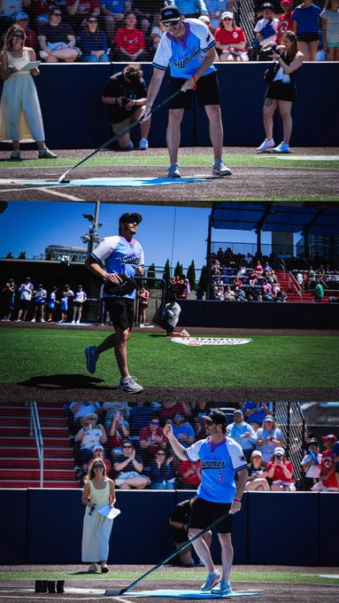 Photo collage of Matt Roy participating in today’s Swing Into Summer charity softball game at Capital One Park.