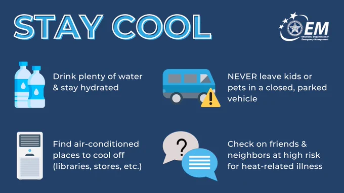Stay Cool
🚰 Drink plenty of water and stay hydrated
🏫 Find air-conditioned places to cool off (libraries, stores, etc.)
🚗 NEVER leave kids or pets in a closed, parked vehicle
🤝 Check on friends and neighbors at high risk for heat related illness