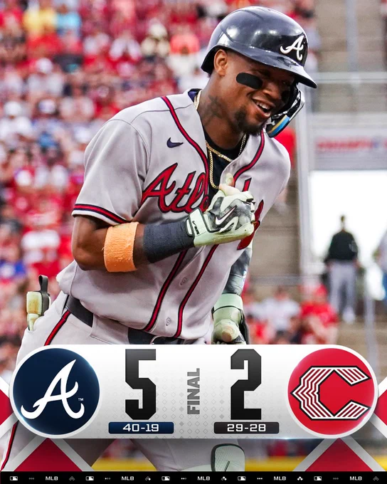 Final Score Graphic: 5/30/26
Atlanta Braves 5 (40-19), Cincinnati Reds 2 (29-28)

Pictured: Ronald Acuña Jr. smiles and rounds the bases after hitting a home run. He wears a road gray Atlanta Braves uniform with red details and a dark blue batting helmet.