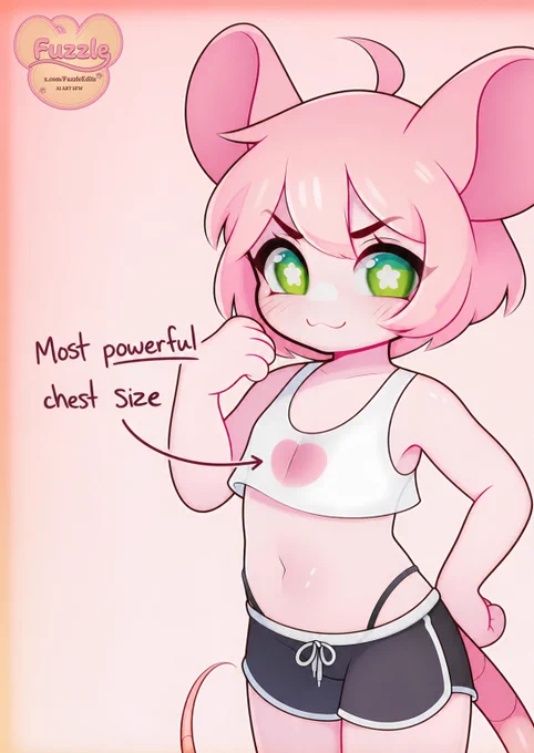 Digital anime-style illustration of a pink mouse-like character in a sporty outfit, posing confidently with one fist raised. A handwritten note and arrow point toward a heart design on the shirt, with a soft pink background