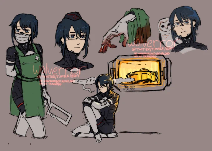 Various sketches of EULR-S2311 "November", some of which are of her doing her job (mortuary work).