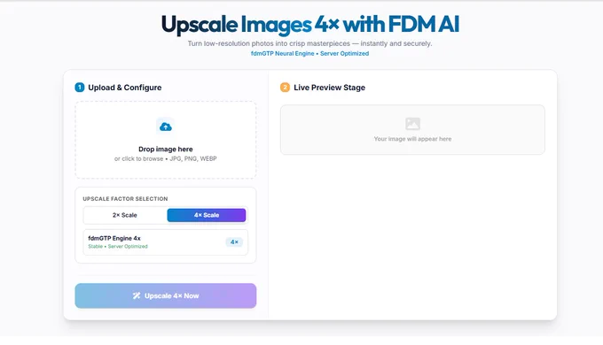  FDM AI
Turn low-resolution photos into crisp masterpieces — instantly and securely.
