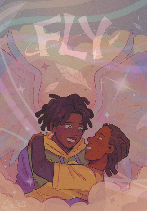 fan art of the indie series 'fly'. eli is carrying carter as they happily fly amongst the clouds.