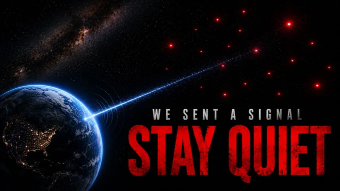 **LinkedIn Alt Text:**

Earth floats in deep space as a bright radio signal beams into the darkness. In the distance, multiple red lights appear to activate and turn toward the signal. Large text reads: "WE SENT A SIGNAL" and "STAY QUIET." The image represents the Dark Forest Theory, the idea that advanced civilizations remain silent to avoid attracting dangerous attention from unknown intelligent life elsewhere in the universe.
