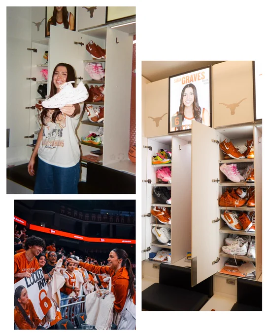 Collage of photos of Sarah Graves with her collection of basketball shoes and interactiving with fans in Moody Center.