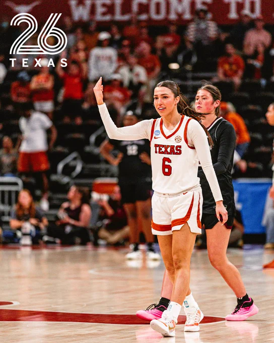 Sarah Graves plays basketball at Moody Center in her basketball uniform. The UT Class of 2026 logo is seen at the top left of the photo. 