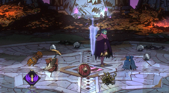 Galandra the elf surrounded by several power up items sitting on the ground around her.