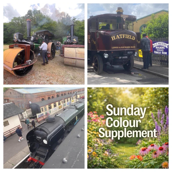 Square collage graphic made up of four images. The top left shows a vintage steam roller and traction engine at an outdoor heritage event. The top right shows a restored vintage Hatfield lorry on display with visitors nearby. The bottom left shows a steam locomotive standing at a heritage railway station. The bottom right features a colourful flower-filled garden scene with the words “Sunday Colour Supplement” in large white text. The collage highlights transport heritage and countryside themes.