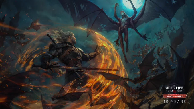 Digital artwork of Geralt of Rivia in combat with Dettlaff in his monstrous form. Geralt wields his sword and casts the Quen sign. A glowing magical barrier surrounds him. Dettlaff hovers in the air, poised for attack, while bats fly toward Geralt. In the background, a full moon glows in the night sky. The Witcher 3: Wild Hunt logo is visible alongside the Blood and Wine expansion logo. Text at the bottom reads “10 years”.