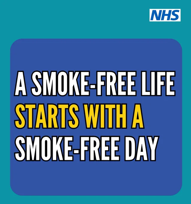 NHS graphic with text: 'A SMOKE-FREE LIFE STARTS WITH A SMOKE-FREE DAY'.
