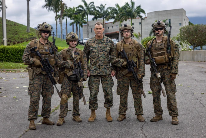 U.S. Marine Corps Gen. Francis L. Donovan, the Commander of U.S. Southern Command, center, poses for a group photo with Marines with Kilo Company, Battalion Landing Team 3/6, 22nd Marine Expeditionary Unit (Special Operations Capable), during an embassy visit in Caracas, Venezuela May 23, 2026. U.S. military forces are deployed to the Caribbean in support of the U.S. Southern Command mission, Department of War-directed operations, and the president\u2019s priorities to disrupt illicit drug trafficking and protect the homeland. (U.S. Marine Corps photo by Staff Sgt. Nathan Mitchell)\n\n
