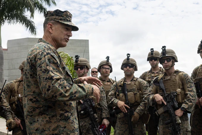 U.S. Marine Corps Gen. Francis L. Donovan, the Commander of U.S. Southern Command, talks with Marines with Marine security augmentation unit during an embassy visit in Caracas, Venezuela May 23, 2026. U.S. military forces are deployed to the Caribbean in support of the U.S. Southern Command mission, Department of War-directed operations, and the president\u2019s priorities to disrupt illicit drug trafficking and protect the homeland. (U.S. Marine Corps photo by Staff Sgt. Nathan Mitchell)