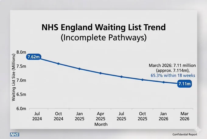 NHS England data confirms waiting lists decreased to 7.11 million by March 2026.