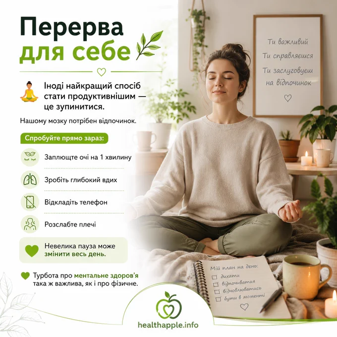 Перерва для себе

🧘 Іноді найкращий спосіб стати продуктивнішим — це зупинитися.

Нашому мозку потрібен відпочинок.

Спробуйте прямо зараз:

🌿 Заплющте очі на 1 хвилину 🌿 Зробіть глибокий вдих 🌿 Відкладіть телефон 🌿 Розслабте плечі

Невелика пауза може змінити весь день.

💚 Турбота про ментальне здоров’я така ж важлива, як і про фізичне.