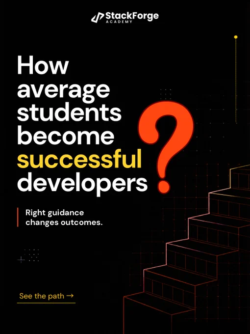 StackForge Academy poster with a black background, featuring the headline “How average students become successful developers,” a large red question mark, staircase illustration, and the line “Right guidance changes outcomes.”
