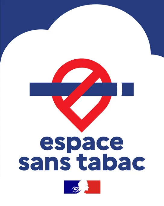 Affiche aux couleurs bleu, blanc et rouge montrant un symbole d'interdiction de fumer stylisé en forme de localisation. En dessous, texte en bleu : « espace sans tabac ». En bas de l'image, petit logo représentant la Marianne sur un fond tricolore bleu, blanc, rouge.