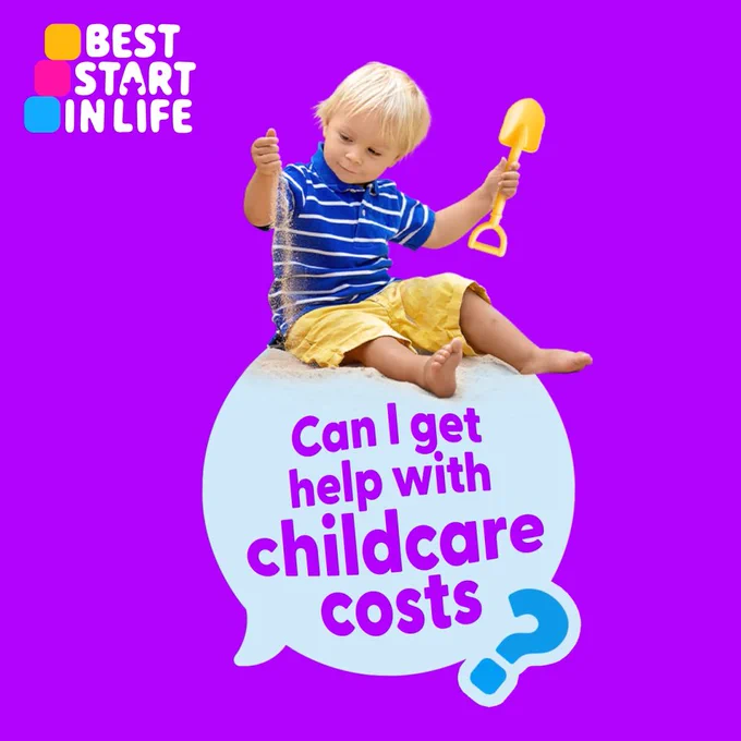 Infographic with the Best Start in Life logo, a purple background and a child sat on a speech bubble sprinkling sand. Text in the speech bubble reads: Can I get help with childcare costs?