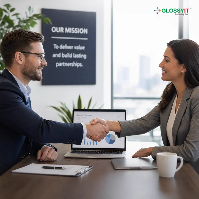 Professional business meeting scene. Two people handshake across table with laptop in middle. Bright office environment. Trust and professionalism focus.