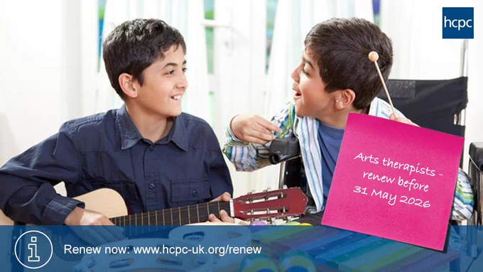 Two boys engaged in a music therapy session, one playing guitar while the other holds a mallet, promoting arts therapists' renewal before May 31, 2026.